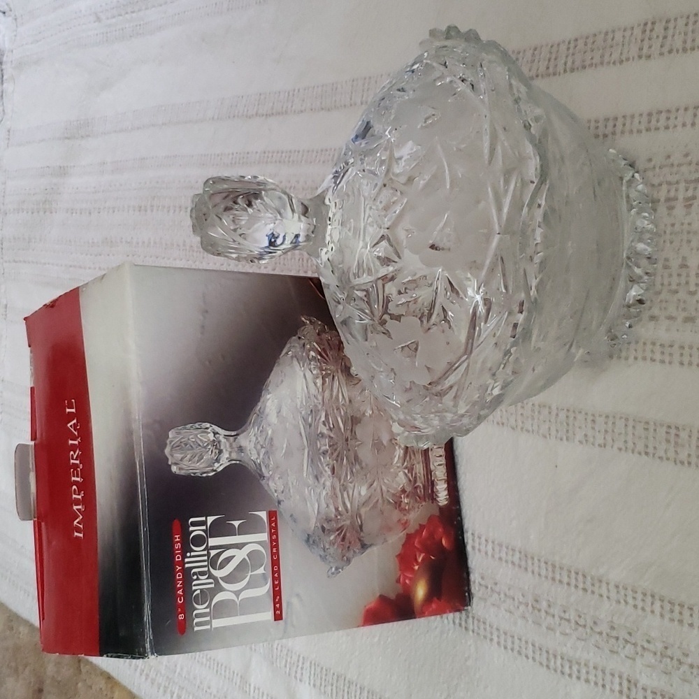 Imperial lead crystal 8" candy dish, medallion rose design, thick heavy glass